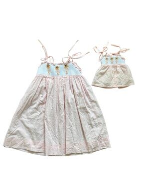 Smockingbird Girls 6 Ballerina Smocked Swiss Dot Dress + Matching Doll Dress